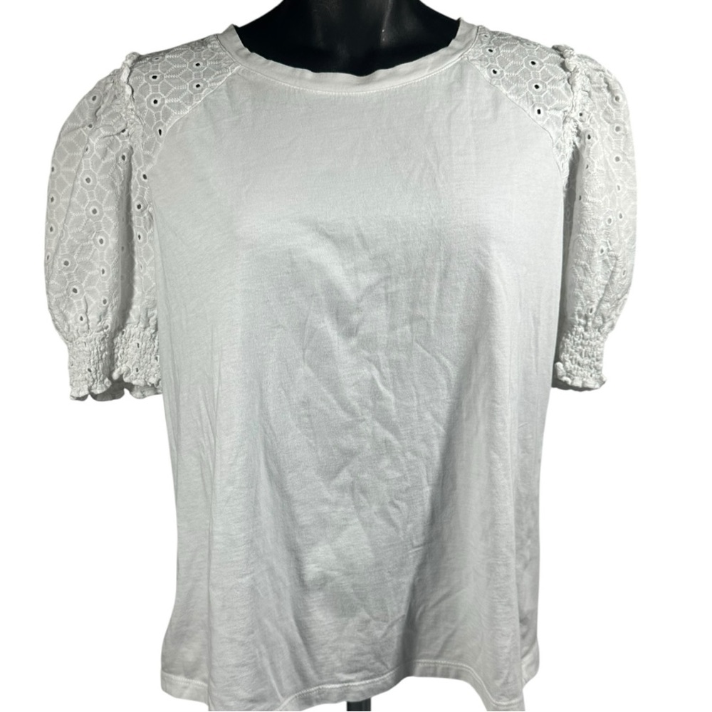 Veronica Beard White Cotton Eyelet Short Sleeve Top Tee Puff Sleeve Size Large
